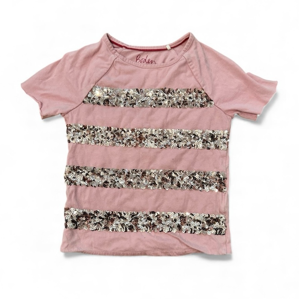 Boden Pink and Silver Sequin Striped Tee for Girls Size 6-7 Years